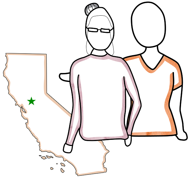 An older woman and her adult daughter with the state of California in the background