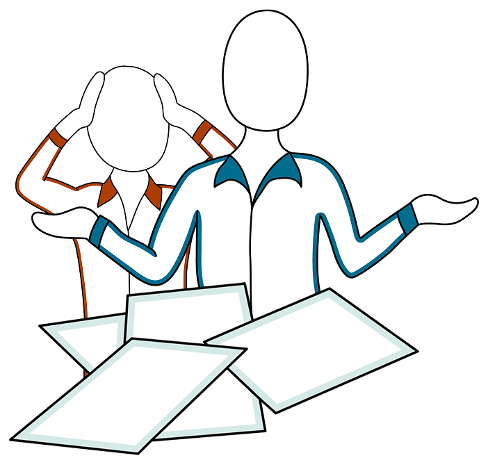 A confused man and woman standing over a pile of papers.
