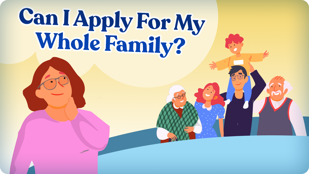An illustration of a woman thinking with a smiling multi-generational family in the background