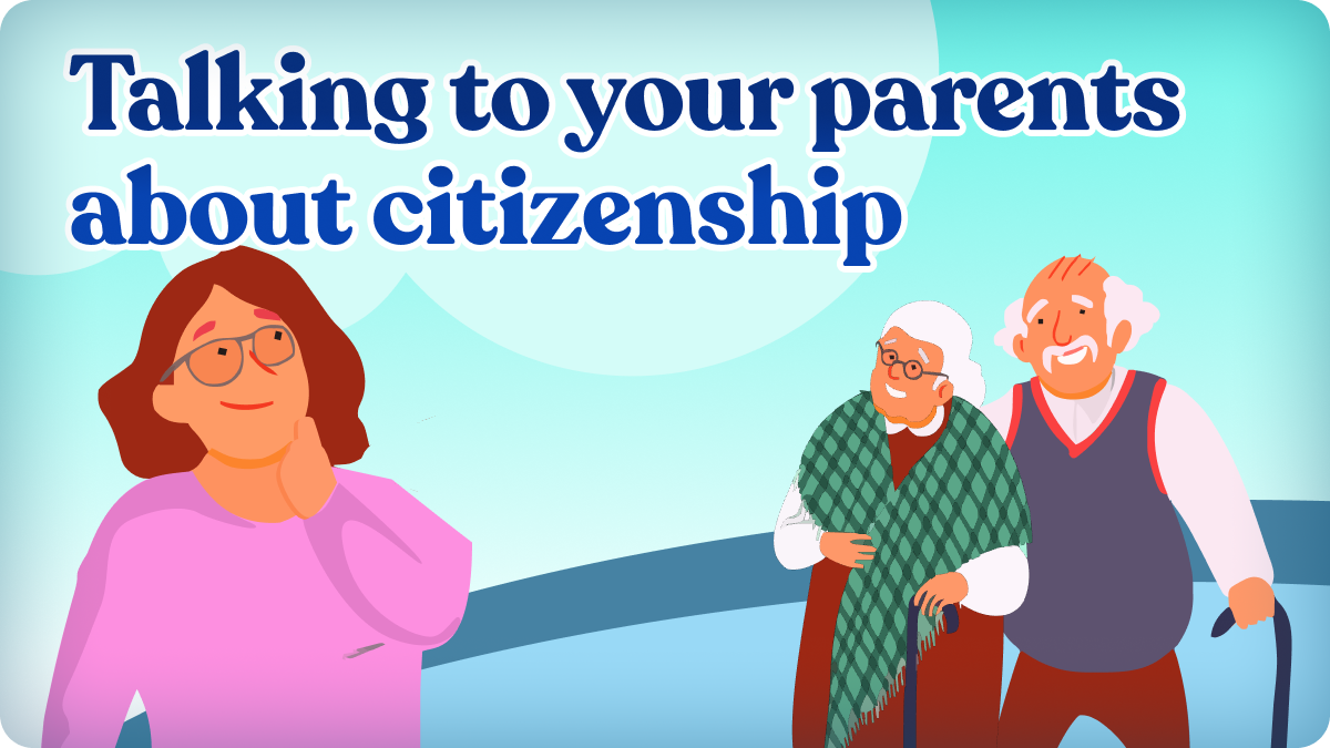 An illustration of a woman thinking with a smiling older couple in the background