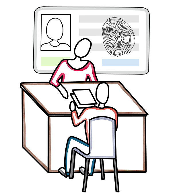 two people meeting at a desk with a identification card with a prominent fingerprint on it in the background