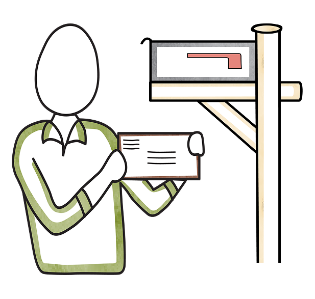 A man holding up an envelope next to a mailbox