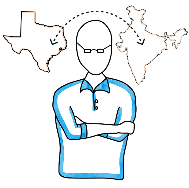 An illustration of a man with glasses with an image of Texas and India in the background.