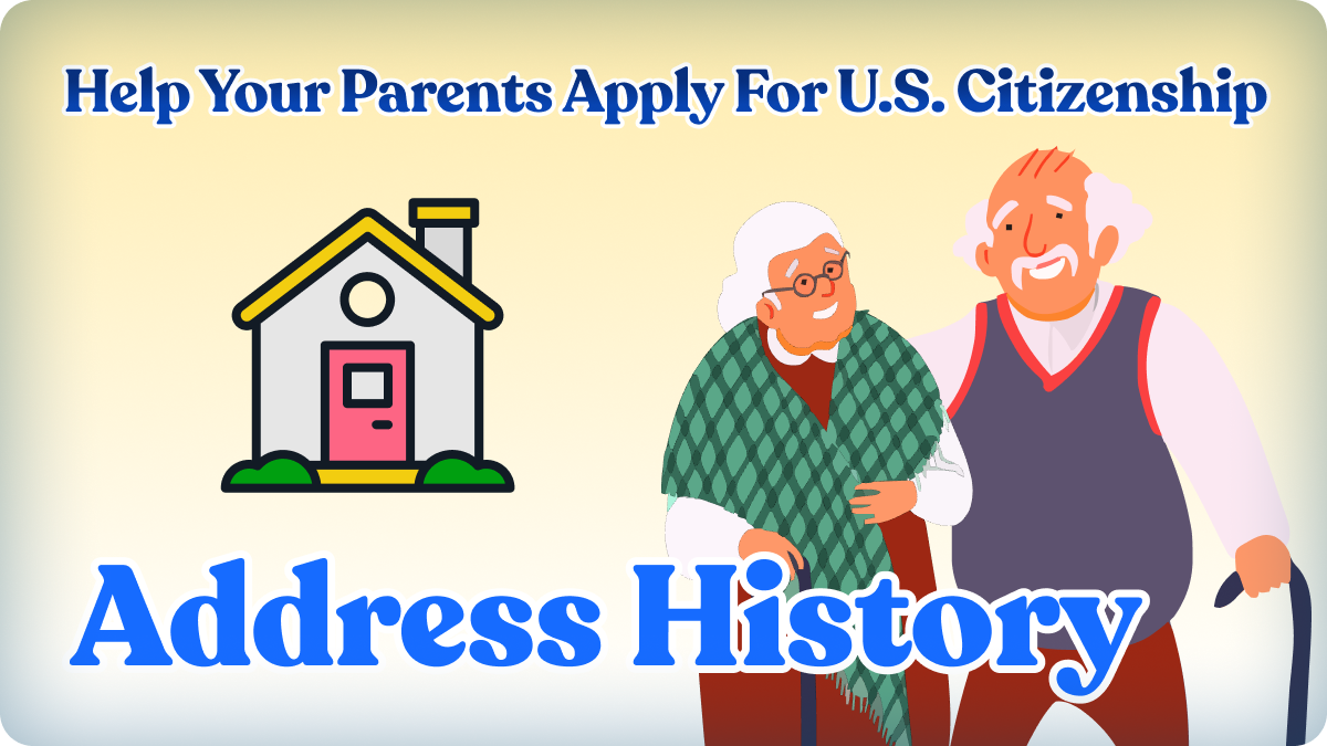 An illustration of a smiling older couple with a house icon next to them