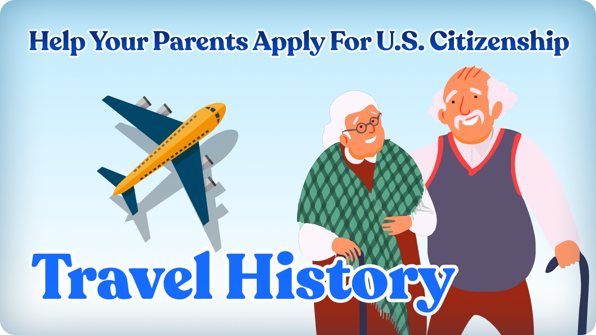 An illustration of a smiling older couple with a plane icon next to them