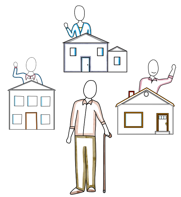 A man standing between three houses, each with a person waving at him.