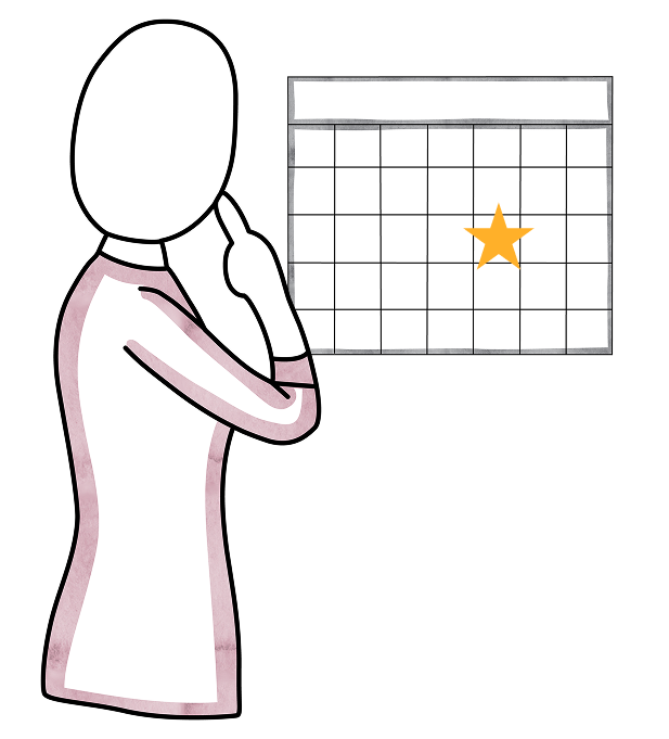 A woman looking at a calendar.