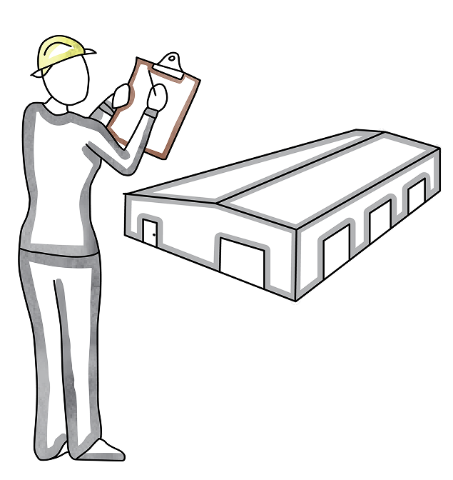 A woman looking at a clipboard with a warehouse in the background.